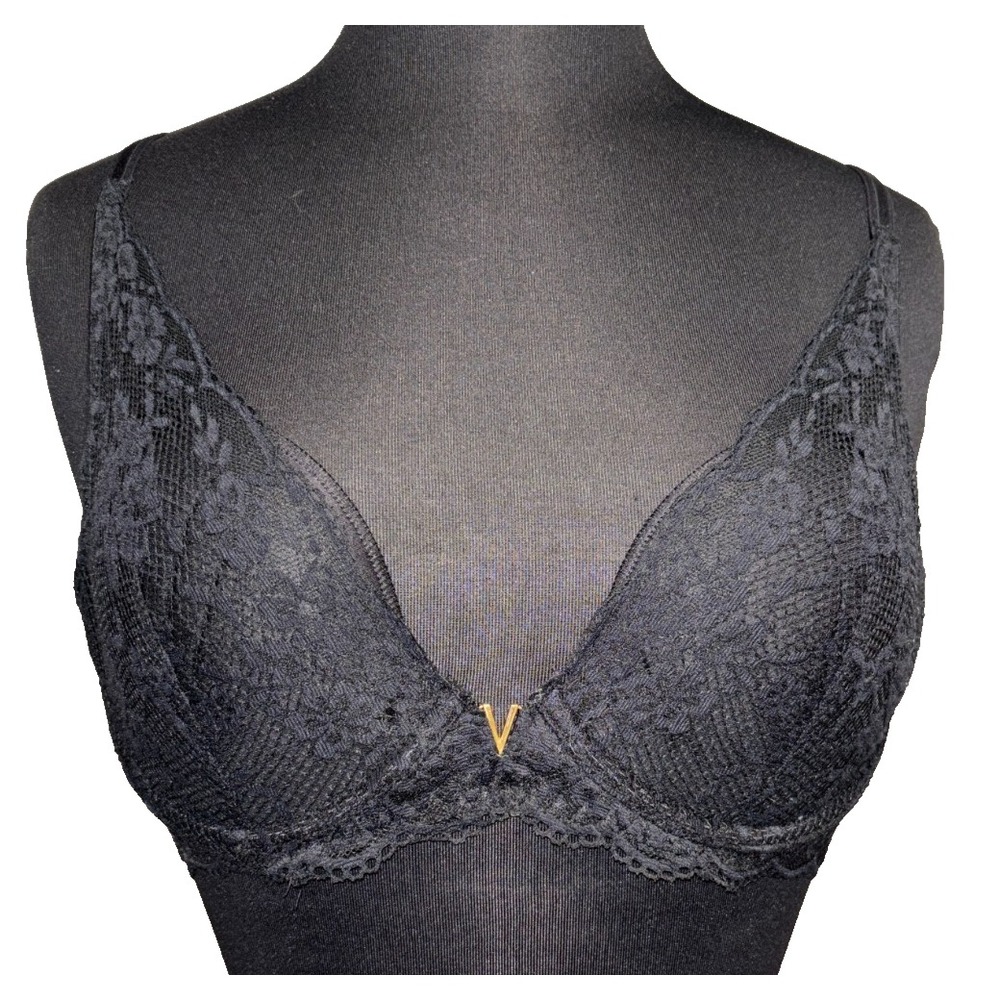 Victoria's Secret Women's 36C Black Lace Plunge Bra Gold V Logo Charm